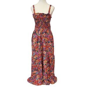 B.O.G Collective Red Floral Boho Tropical Spaghetti Strap‎ Smocking Maxi Dress M